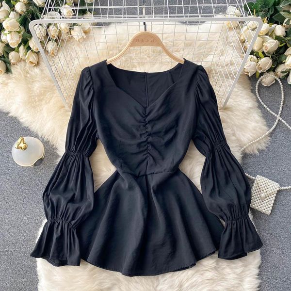 

women's blouses & shirts autumn 2021 v-neck versatile blouse long-sleeved pleated chic blusa bottoming shirt kk1020, White