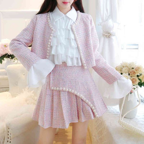 

autumn winter sweet tweed 3 piece women pearls beading short jacket coat+ruffles white chiffon shirts+mini pleated skirt set 210416