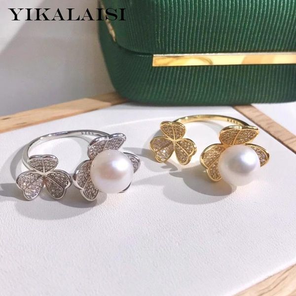 

cluster rings yikalaisi 925 sterling silver jewelry for women 8-9mm round natural freshwater pearl flowers wholesales, Golden;silver