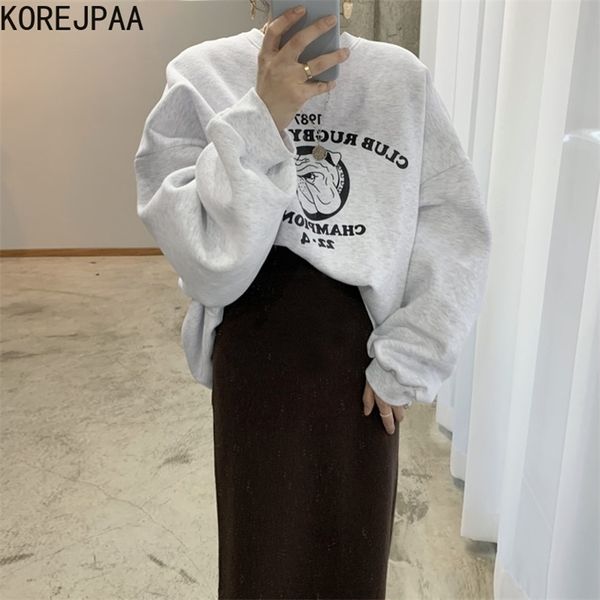 Korejpaa Mulheres Conjuntos Autumn Korea Senhoras Simples Senhoras Redondo Pescoço Carta Carta Impressão Sweater Alto Cintura Saco Hip Saia Terno 211109