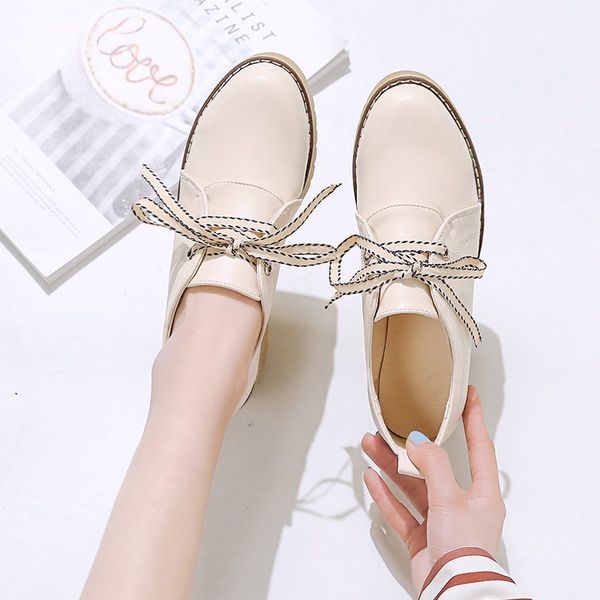 

2021 new british style student leather shoes round toe lace-up bow-knot brogue shoes woman comfy brief sewing anti-skid loafers, Black