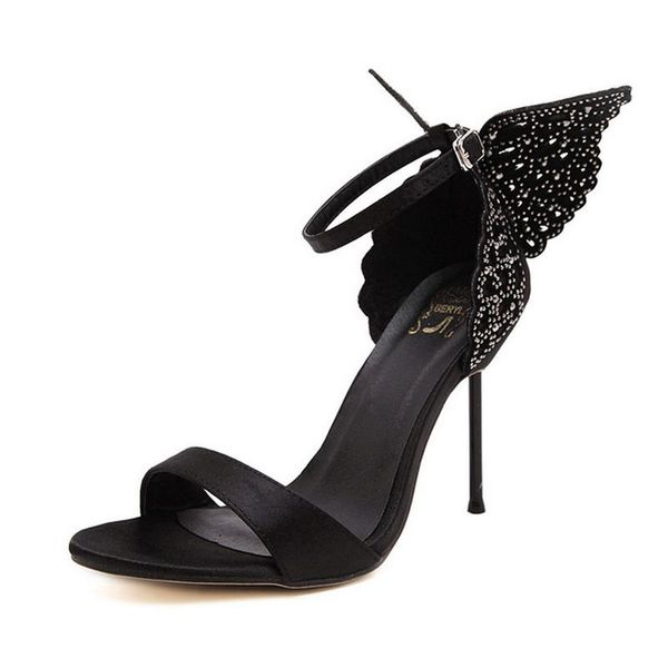 

sandals summer 2021 sweet women butterfly thin high heels shoes woman lady pumps open toe party wedding, Black