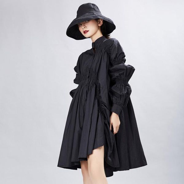 

casual dresses [eam] women big size oversize pleated dress stand neck long lantern sleeve loose fit fashion tide spring autumn 2021 1a331, Black;gray