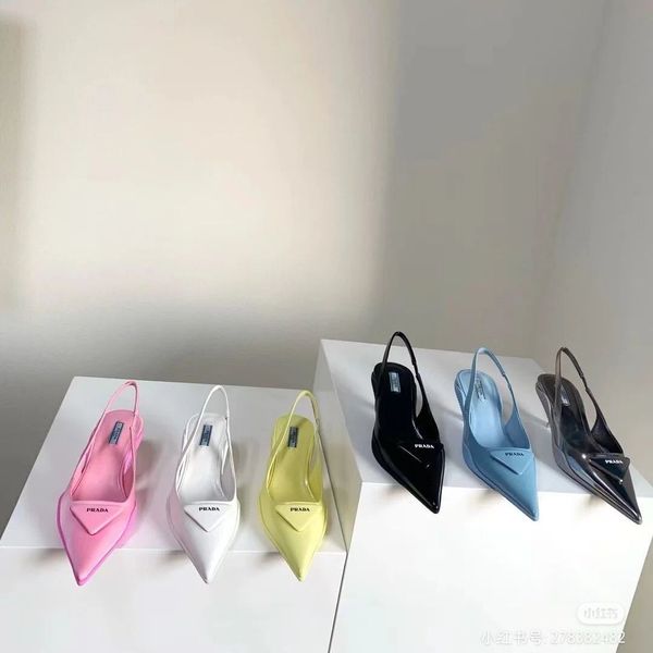 

2021 spring and summer new p family triple label cat heel sandals pointed jelly silk back empty french high heel shoes single shoes[finished, Black