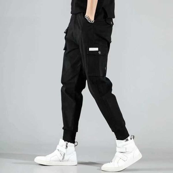 

men's pants men high street fashion leather pocket splice casual cargo pant male hip hop harem long trousers xxxl 3xl 4xl 5xl, Black
