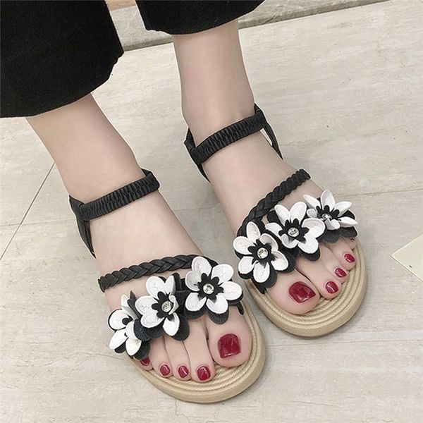 

summer shoes woman sandals elastic ankle strap flat sandalias mujer 2021 flowers gladiator beach ladies flip flops, Black