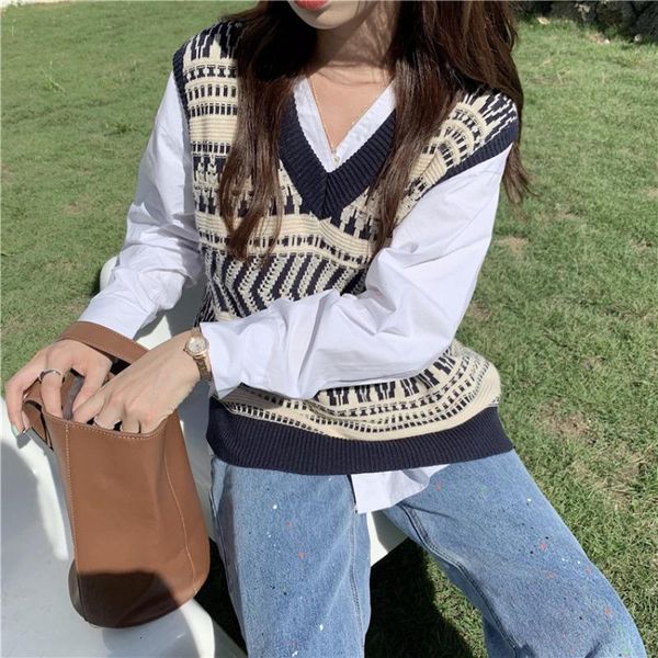 

women's vests women v-neck vest early autumn college style sweater v-neck vest loose pullover fashion vests plus size clothing fo, Black;white