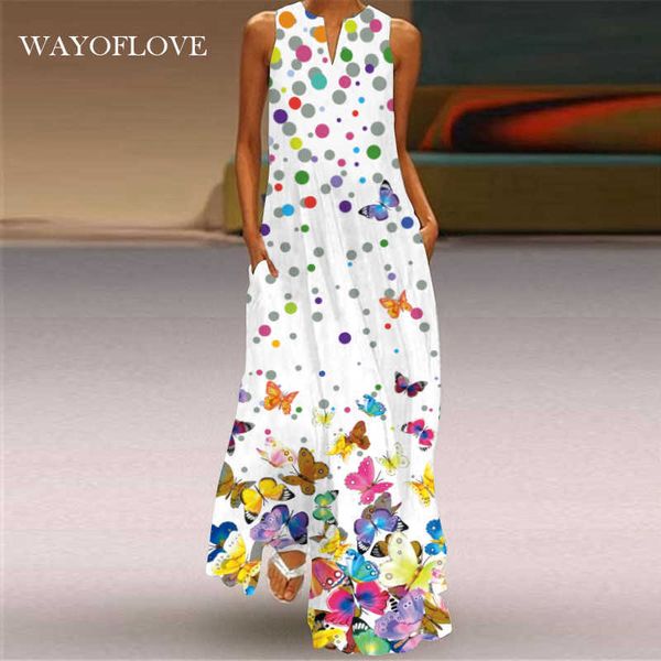 WayOfLove ponto vestido de praia branco casual plus size longo vestidos verão mulher sem mangas menina maxi dres 210602