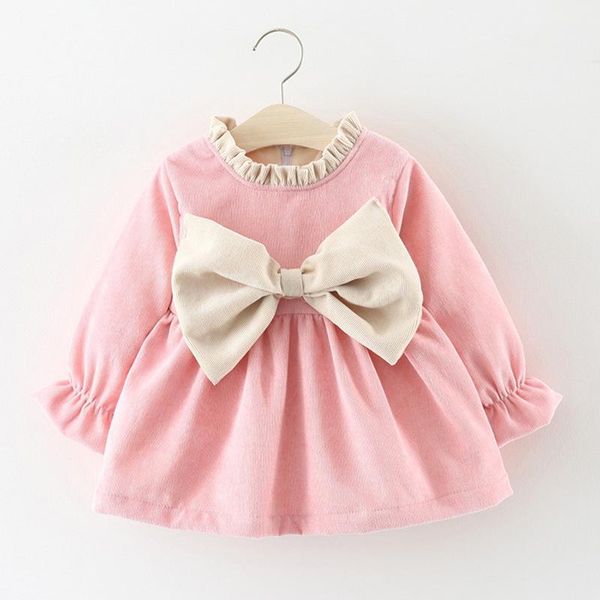

girl's dresses 0-3 years old autumn and winter female baby dress children's long-sleeved big bow solid color princess, Red;yellow