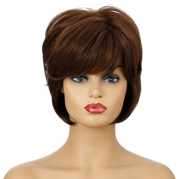 

dark brown women short natural curly wig with bangs daily for white black women