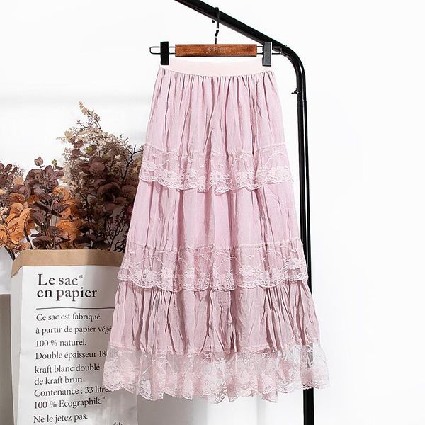 

skirts spring 2021 women sweet chiffon lace stitching a-line skirt women's high waist midi black apricot elegant party