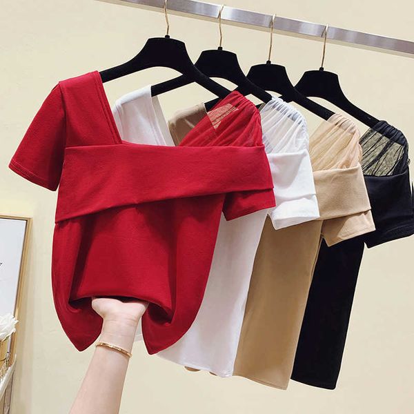 

s-xl korean cotton short sleeve lace slash neck t shirt women clothes summer tshirt t-shirt tee shirt femme 210604, White