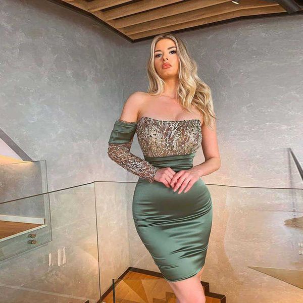 

luxury evening dress 2021 winter short bead sequin hip wrap skirt long sleeve off shoulder evening, Black;gray