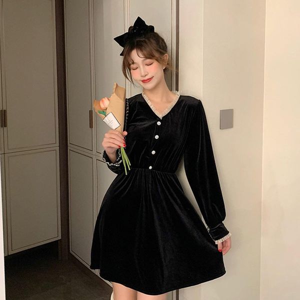 

elegant winter velvet button dress women pleated v neck long sleeves autumn french vintage black short mini dresses casual, Black;gray