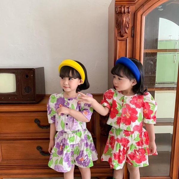 

clothing sets 2021 children summer bubble sleeve cotton set baby kids flower short-sleeved blouse with shorts girl two-piece, White
