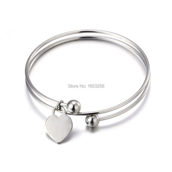 

charm bracelets lastest stainless steel smooth spring spiral circle bangle heart tag charms bracelet for women girls gifts, Golden;silver