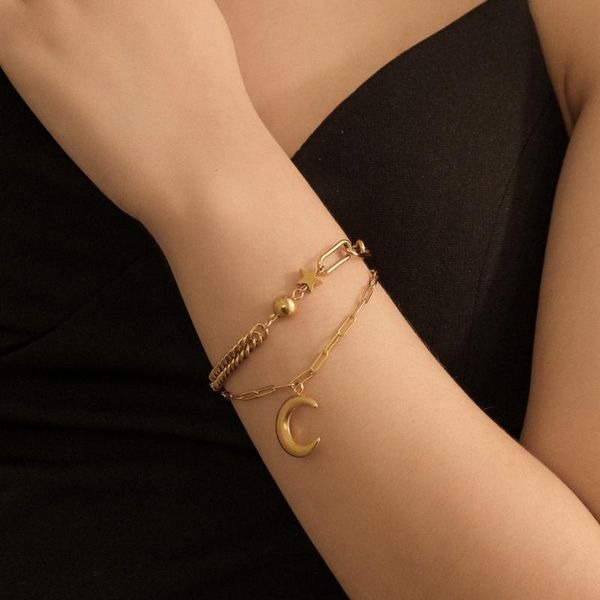 

stainless steel 2 layered bracelets with star moon pendant titanium in gold tone summer link, chain, Black