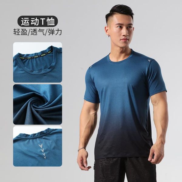 

men quick dry t-shirt breathable gradient color running training fitness gym compression short sleeve jersey tee sports wear jerseys, Black;blue