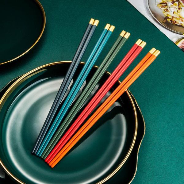 

chopsticks 1 pair 304 stainless steel chinese tableware non-slip gold head metal alloy reusable family restauran