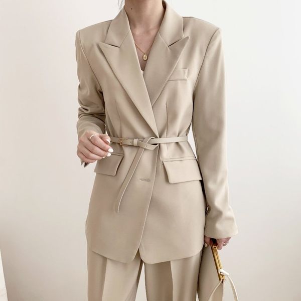 

ol work wear solid minimalist blazer women coat autumn elegant chic loose suit jack female blazers with belt 210421, White;black