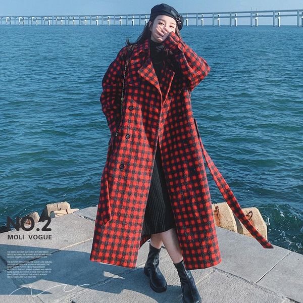 

women's wool & blends woolen coat winter retro plaid long korean loose big size ladies cloak lapel double breasted thicken jacket femal, Black