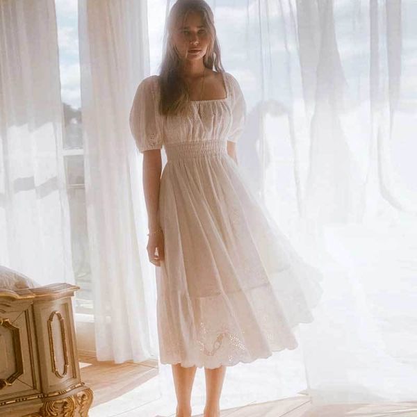

inspired embroidery anglaise midi dress women white cotton hollow out chic summer dress new smocked bodice dress 210412, Black;gray