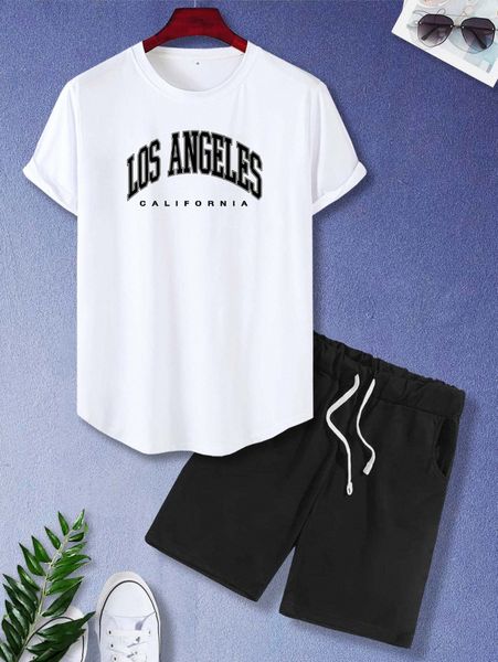 

men letter graphic tee & drawstring track shorts c23j#, Gray