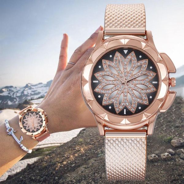 

women watches rosy gold metal mesh steel watch flower quartz ladies wristwatch relogio feminino wristwatches, Slivery;brown