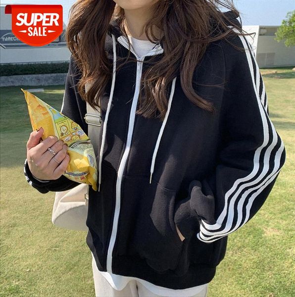 

[huang zheng] contrasting color ribbon hooded plus fleece sweater jacket women korean casual cardigan wt78444 #zb9v, Black;gray