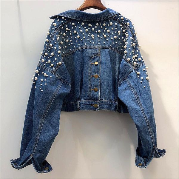 

women's jackets pear decor short denim women autumn winter long sleeve jeans korean leisure beads joker back single breasted 0f2t, Black;brown