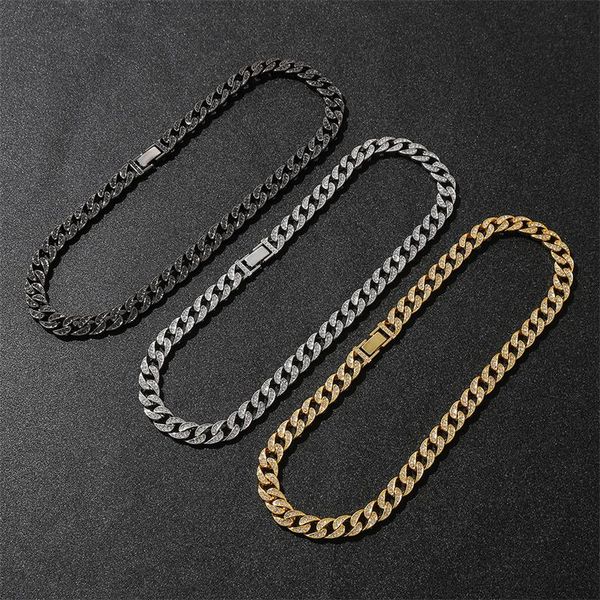 

chokers hip hop iced out rhinestone gold silver plated necklaces for mens miami cuban link chain long necklace choker jewelry 11mm, Golden;silver