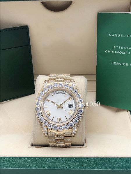 

luxury u1 factory 15 style full diamond white roman dail president day-date watch 228238 sapphire big diamond bezel 43mm gold men automatic, Slivery;brown