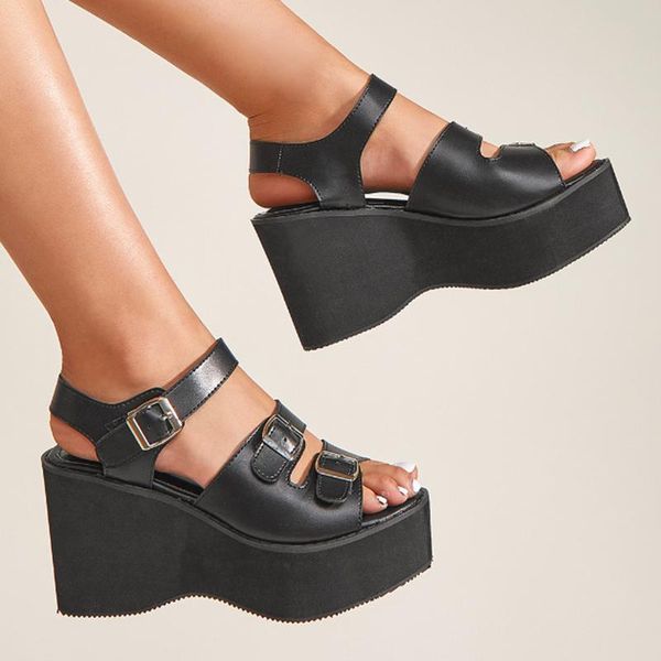 

sandals women summer fashion pure color casual ladies comfortable large size wedge platform thick-soled cool, Black