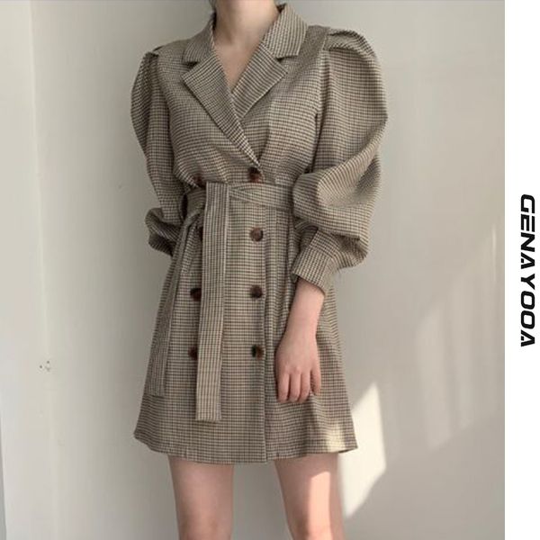 

genayooa office lady mini plaid puff sleeve blazer women with belt spring autumn party dress vestido ladies korean 210417, Black;gray