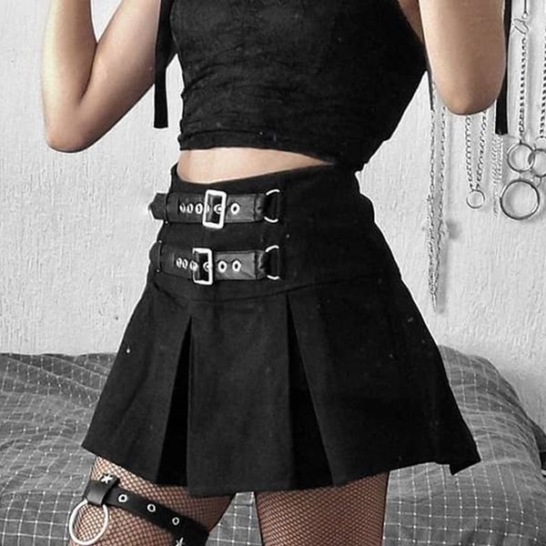 Готический черный короткий мини-плиссированный Y2K гот юбки женские панк PU кожаные двойные пряжки с высокой талией Harajuku секс-юбка женская 210415