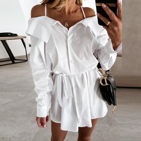 

casual dresses spring summer belted women party dress single breasted button office lady shirt elegant off shoulder strap mini, Black;gray