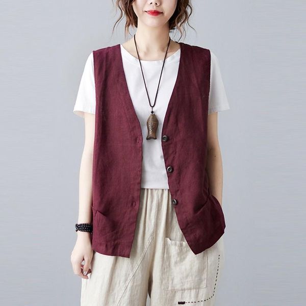 

women's vests women cotton linen casual jackets 2021 summer vintage style solid color loose female vest sleeveless coats v-neck outwear, Black;white