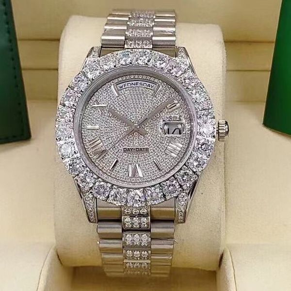 

luxury men's watch three-dimensional roman literal dial silver middle row with diamond stainless steel strap automatic date, Slivery;brown