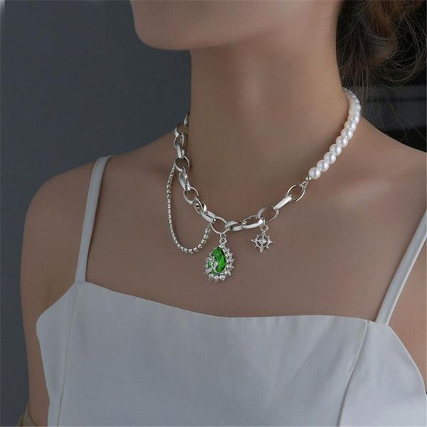 

pendant necklaces retro original design necklace dark black rhinestone stitching pearl cool girl street fashion trend, Silver