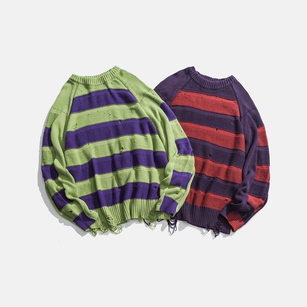 

boutique sweater 2021 fashion men's striped pullover round neck loose hole knitwear wear, White;black