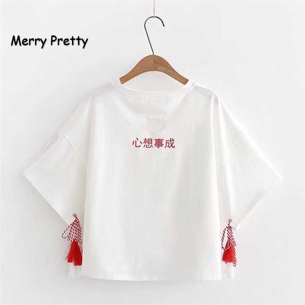 

merry prety sweet lace up cartoon print shirt women short sleeve o-neck cotton ops summer cute white chinese 210526