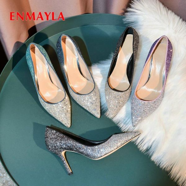 

dress shoes enmayla 2021 bling luxury women wedding sequined cloth thin heels slip-on high pointed toe womens size 34-40, Black