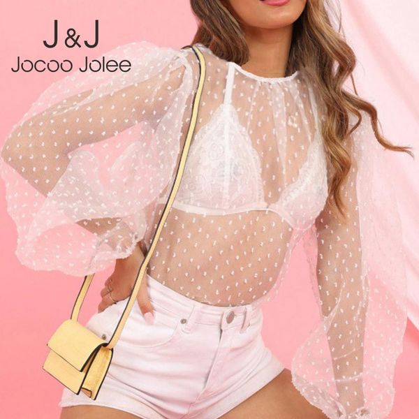 

jocoo jolee women casual puff long sleeve mesh see through shirt summer polka dot perspective club party blouse 210518, White