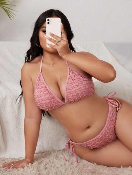 

plus lettuce trim detail bikini swimsuit w5wt#, Black