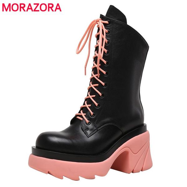 

boots morazora 2021 genuine leather lace up platform square high heels thick sole office dress shoes woman ankle, Black