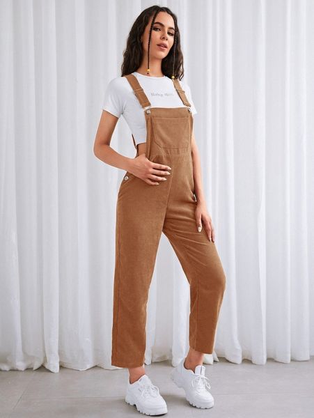 

corduroy pocket front overall jumpsuit 03cu#, White