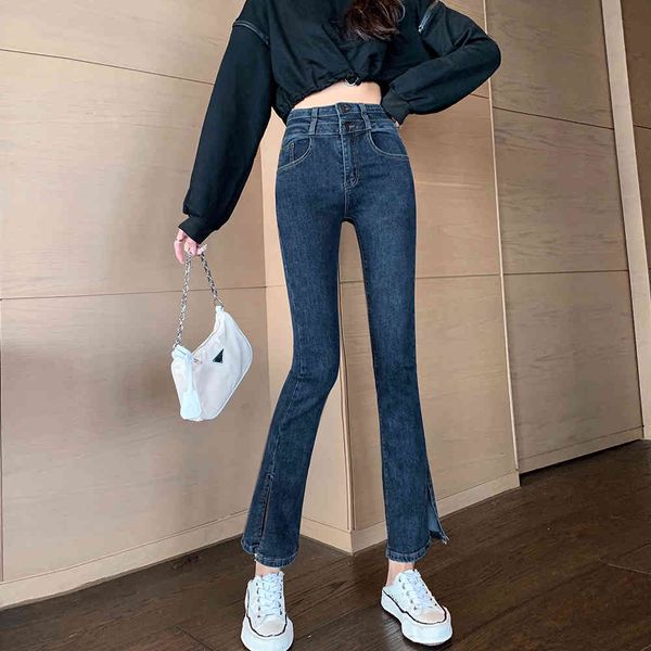 

jxmyy high waist jeans women's autumn wear new flared trousers slim tall fashion temperament split pants trend double buckle 210412, Blue