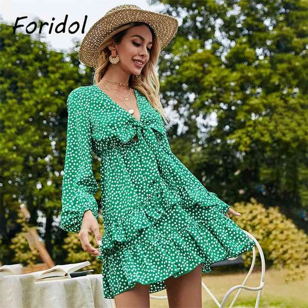 Foridol verde vestido de bolinhas para primavera outono mulheres babados manga longa mini vestido feminino elegante boho praia vestidos 210415