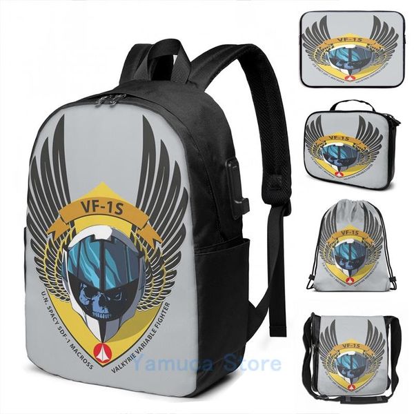 

backpack funny graphic print vf-1s valkyrie variable fighter shield usb charge men school bags women bag travel laptop