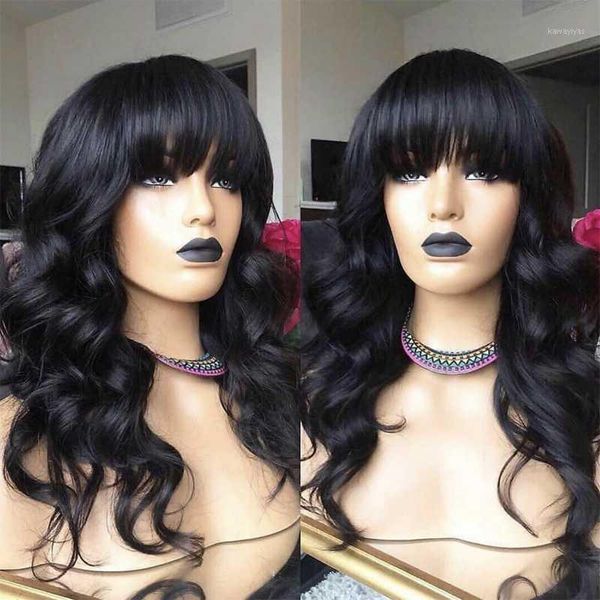 

silk base lace front wig with bangs beaty wavy human hair scalp wigs for women 180% density peruvian remy natural color1, Black;brown